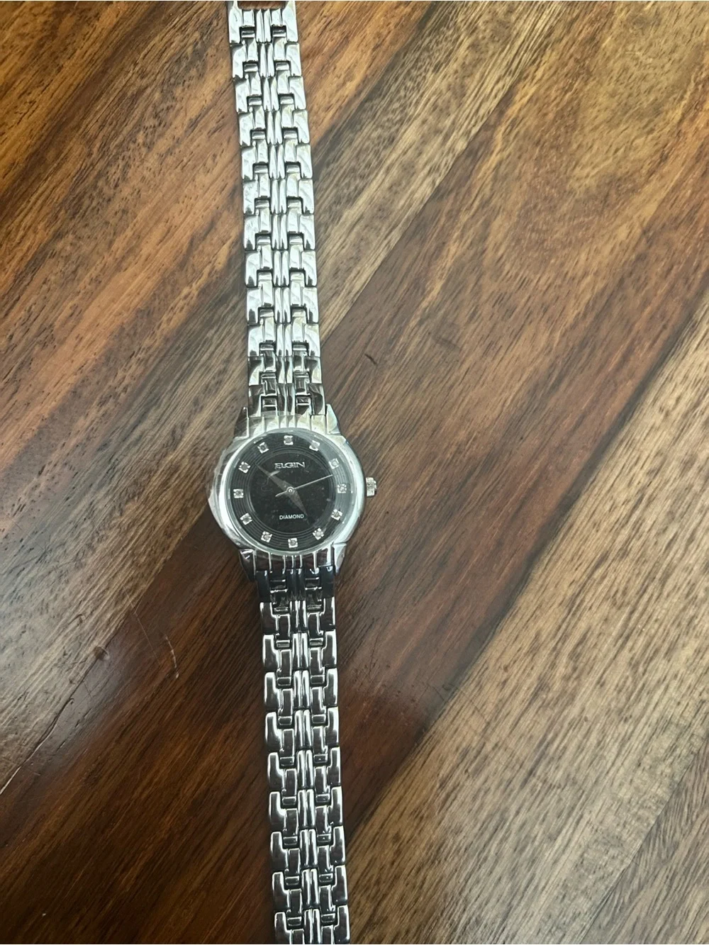 Elgin Women's Silver Bracelet Watch with Black Dial and Diamond Markers
